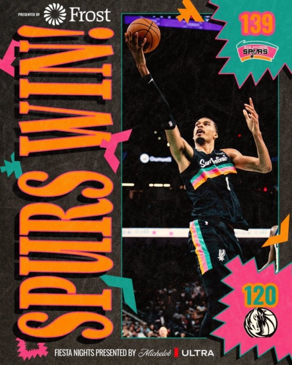 配资查询之家门户 赛季第62胜！马刺赛后晒胜利海报 文班轻舒猿臂上篮入镜